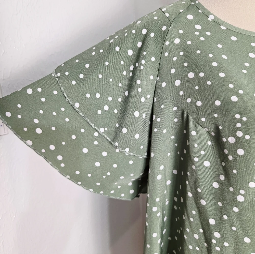 Sage Polka & White Polka-Dot Top, Ruffled, Layered Short Bell Sleeves, Size 1X